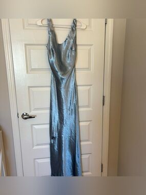 Sleek Silver-Blue Satin Maxi Slip Dress